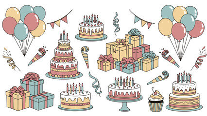 Vibrant Collection of Festive Birthday Celebration Elements on Dark Background, Featuring Cakes, Balloons, and Gift Boxes