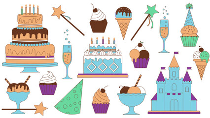 A vibrant illustration showcasing an assortment of festive party treats, desserts, and celebration decorations for special occasions.