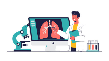Medical professional analyzing human lungs on a computer screen with scientific equipment