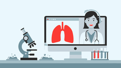 Virtual Medical Consultation and Research: Doctor on Screen with Lungs, Microscope, and Lab Equipment