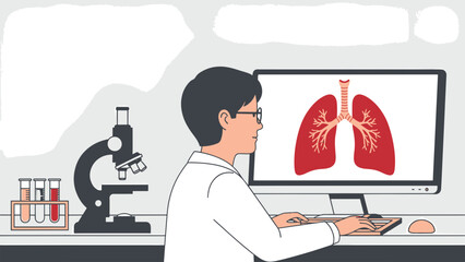 Scientist analyzing respiratory health on computer with lung illustration and lab equipment in a modern laboratory.