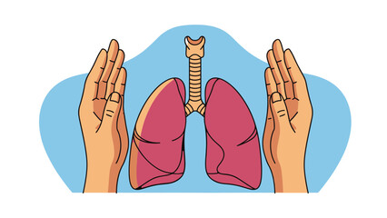 Illustration of human lungs and trachea protected by hands, symbolizing health and care for respiratory system.