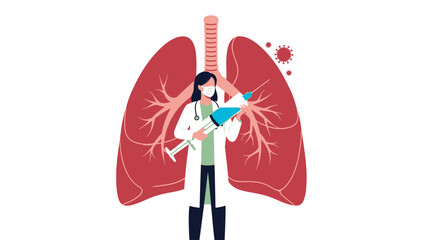 Medical professional with large syringe poised to treat human lungs, conceptual illustration of vaccination or treatment against respiratory virus.