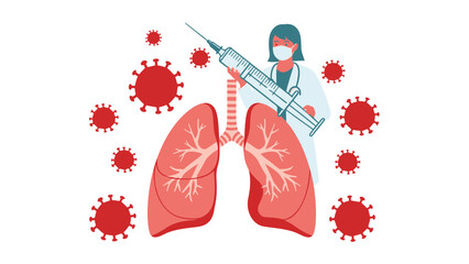Dedicated medical professional administering treatment with syringe to protect human lungs from widespread viral threat illustration