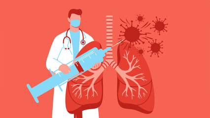 Medical professional in mask holding large syringe to protect human lungs from viral infection, representing healthcare and disease prevention.