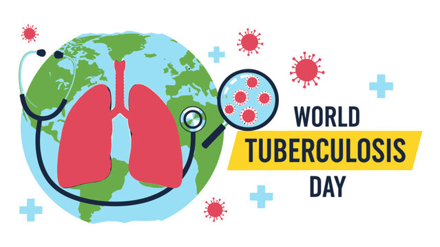 Global World Tuberculosis Day Awareness Illustration: Lungs, Stethoscope, Earth, and Microscopic Pathogens Emphasizing Health