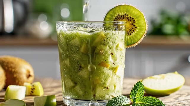A refreshing, green smoothie with kiwi, apple slices, and mint leaves, on a wooden table