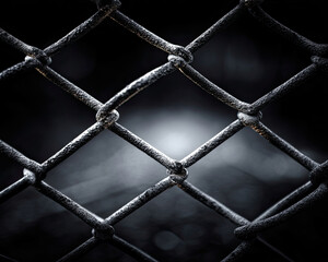 Fototapeta premium Close-up view of dark metal chain link fence