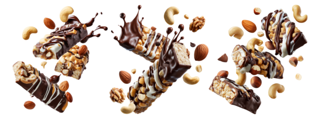Chocolate coated nut protein energy fitness bar topped with almonds, cashews, walnuts, and chocolate drizzle on white