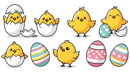 Adorable Easter Chicks Hatching from Eggs, Cute Spring Characters and Decorations