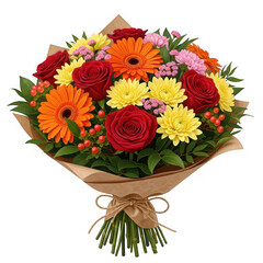 Obraz premium Bouquet of red roses, orange gerberas and yellow chrysanthemums in paper isolated on transparent background