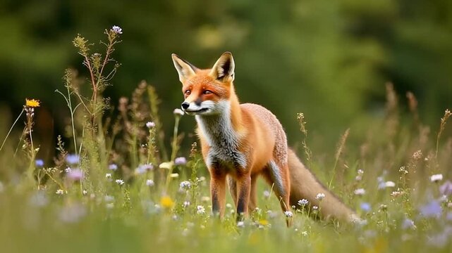 Alert Red Fox Standing in a Lush Green Meadow with Wildflowers