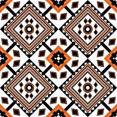Orange and black tribal diamond pattern, geometric textile design, symmetrical, seamless, high detail.