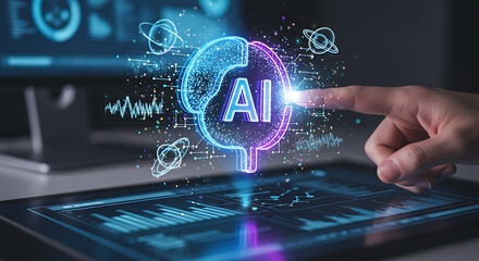 AI Brain Hologram with Neon Technology Effects