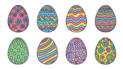 Collection of Eight Colorful Decorated Easter Eggs with Various Patterns and Designs