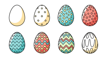 Collection of eight uniquely decorated Easter eggs with playful patterns and colors