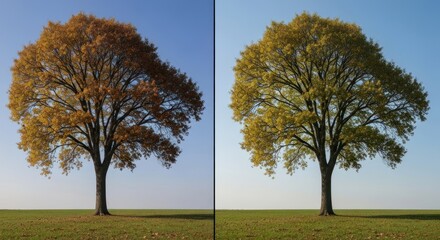 Fototapeta premium Autumn tree, two color variations. Left autumnal hues, right summer