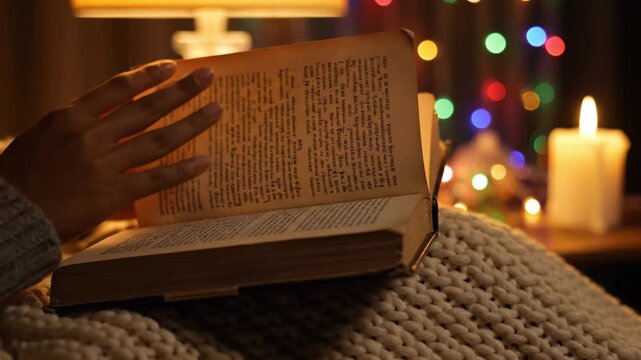 Cozy evening reading by candlelight with decorative lights in background  