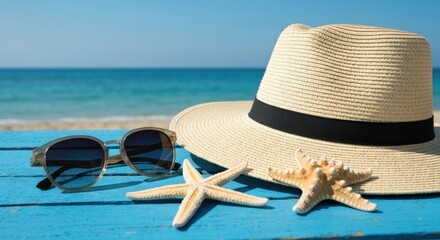 Beach accessories on a vibrant blue wooden surface, with a straw hat, sunglasses, and starfish. Seascape in the background