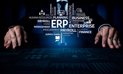 A focused business professional hands interact with a digital interface showcasing concepts of ERP, management, and finance in a modern and dynamic workspace. Tessel