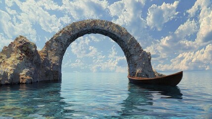 Fototapeta premium Stone Archway Over Water with Boat and Cloudy Sky.