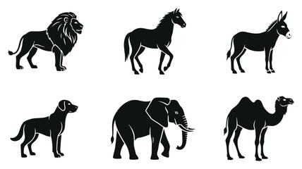Animal silhouette icon set featuring lion, horse, donkey, dog, elephant, and camel, black and white illustration