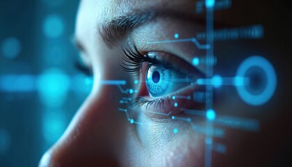 Blue eye with digital interface overlay. Futuristic biometric scan for identity verification. Advanced cybernetic eye tracking for security or medical analysis.