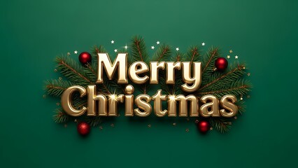 Elegant golden three dimensional merry christmas text design with festive pine branches and red ornaments on green