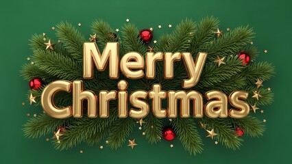 Golden three dimensional merry christmas text centered over lush green pine branches with festive ornaments and stars