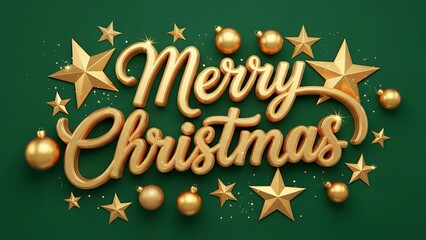 Golden three dimensional merry christmas text with stars and ornaments on a deep green background design