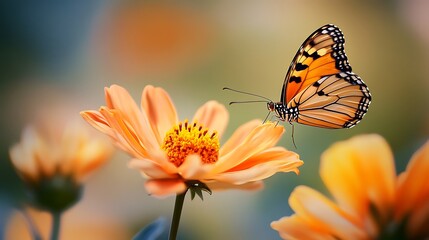 A beautiful orange Monarch butterfly with colorful wings rests on a yellow flower in a summer garden meadow