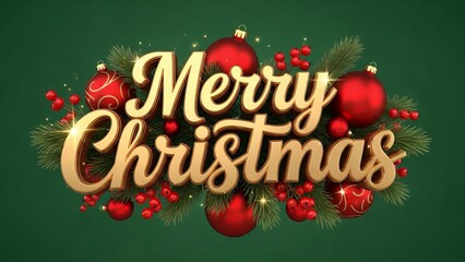 Golden three dimensional merry christmas text design surrounded by festive red ornaments and green pine branches on dark green