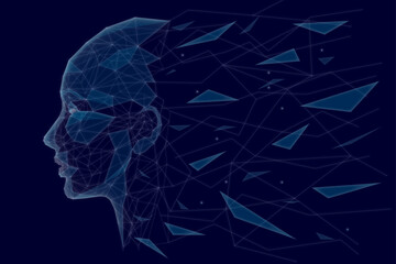 Abstract side profile. AI assistant or artificial intelligence agent concept. Low-poly wireframe head of humanoid robot in futuristic technology style. Blue hi-tech background. Digital avatar.