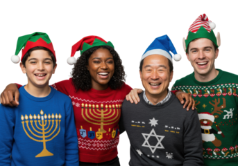 A diverse group of four individuals in ugly hanukkah sweaters and elf hats, clustered tightly and laughing joyfully against a transparent studio background with copy space. Concept of diverse holiday