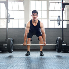 Fitness, weightlifting or man in club with barbell, power or bicep routine in bodybuilding....