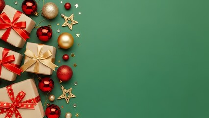 Festive holiday gifts and shiny ornaments arranged beautifully along the left border on a solid green background