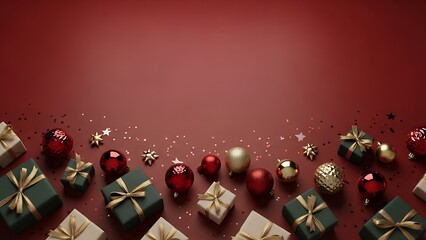 Festive holiday border arrangement of deep red ornaments and gold ribbon wrapped gifts on a rich maroon background