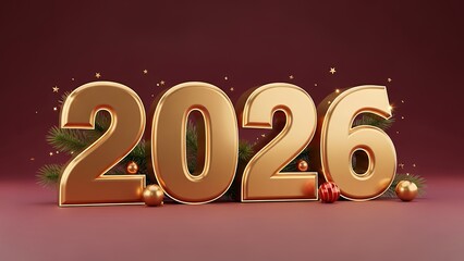 Golden three dimensional numbers representing the year 2026 are elegantly decorated with festive holiday ornaments and pine branches