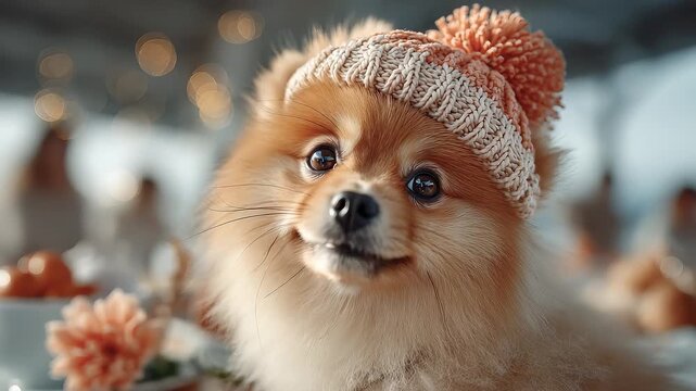A Cute Pomeranian in a Knitted Hat Amidst Winter Holiday Cheer