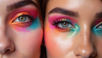 Fototapeta premium Two women eyes are adorned with vibrant, colorful eye makeup. Shades of pink, orange, yellow, and turquoise are applied in bold, artistic patterns. False lashes enhance dramatic look of eye makeup.