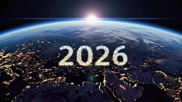 Futuristic World View of Earth from Space Showing Glowing Cities and "2026" Overview