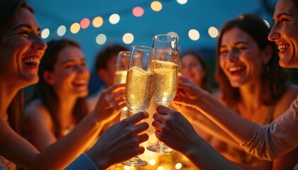 Friends clink champagne glasses under festive lights. People laugh and cheer celebrating a special moment. Night party with bubbly drinks and camaraderie.