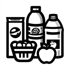 Minimalist black and white line art shows healthy food and drink items, including fruits and bottles, perfect for wellness, nutrition, and diet themes.
