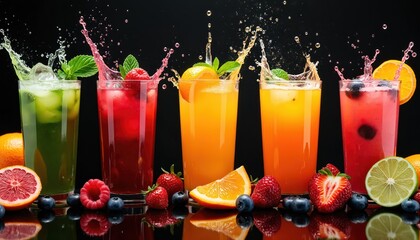 Five colorful cocktails with splashes and drops are served in glasses with fresh fruits and ice. Refreshing mixed drinks with mint and citrus offer a vibrant bar scene.