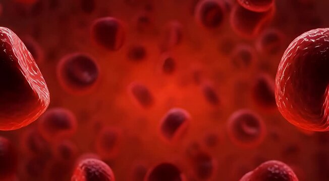 Close-up view of red blood cells in circulation, highlighting their biconcave shape and vibrant red hue, representing life and health within the human body