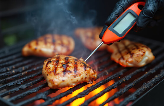 Hand wearing black glove checks chicken breast temp on grill with digital thermometer. Meat cooks with fire below on grate. Meal prep for tasty dinner.