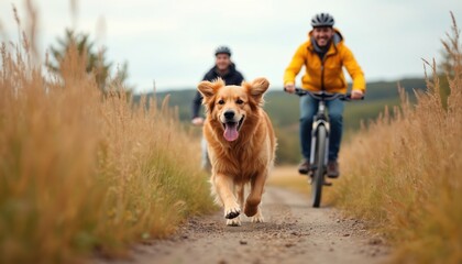 A happy dog runs ahead on a dirt path while a smiling couple cycles behind them. They enjoy an outdoor adventure together amid tall grass and trees on a bright day.