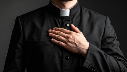_Close up of priest with hand on chest wearing clerical collar and black suit for reli 777147.jpg