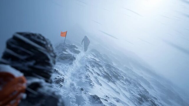Groups of climbers navigate challenging weather conditions on a snowy mountain. Strong winds and low visibility make the ascent difficult as they reach for the orange flag guiding their path