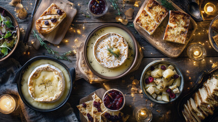 multiple dishes of baked, melting cheese Camembert, Brie and grilled halloumi slices. Garnished with cranberry sauce, rosemary, potatoes, and atmospheric fairy lights on dark wood.